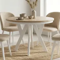 Dekori.Interiors Table ronde à rallonges pour la salle à manger, PERO avec un piètement à anneaux, style loft, scandinave, diamètre : 90 / 190 cm, Couleur : Chêne Sonoma / Blanc