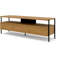 Homlando Meuble TV PUFFIN, 154 cm, 3 tiroirs, finition noyer, placage laqué, pieds en métal noir. Livré monté