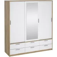 Syfax Armoire ONTARIO, 3 Portes Coulissantes, 6 Tiroirs, 181,4 x 60,25 x 200 cm,Reproduction Blanc et Chêne avec Miroir