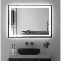 Puluomis miroir de salle de bain 80x60 antibuée avec éclairage 3 couleurs, luminosité variable, miroir de salle de bain avec horloge digitale, température noir