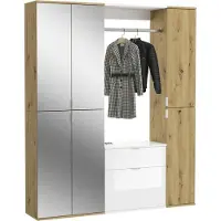 Meublorama Armoire de rangement 6 portes, 4 miroirs, 2 tiroirs et une penderie – Blanc et chêne – BODITE