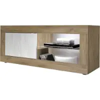 Meublorama Meuble TV 1 porte sans éclairage ACCESS. Coloris blanc et chêne foncé