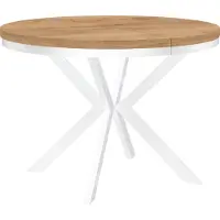 Dekori.Interiors Table ronde à rallonges pour la salle à manger ENDIK avec piétement à anneaux et pieds métalliques, diamètre : 90 / 190 cm, couleur : chêne craft or / blanc