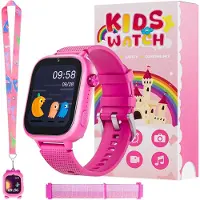 Ele eleoption montre intelligente pour enfants 4G avec GPS, téléphone et appel vidéo, SOS, appareil photo, messages, podomètre et mode école - Montre pour garçons et filles (rose)
