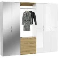 Meublorama Armoire de rangement 10 portes, 4 miroirs, 2 tiroirs et une penderie – Blanc et chêne – BODITE