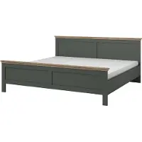 Meublorama Lit adulte 160x200 collection ASSIA. Coloris vert kaki et finitions aspect chêne.