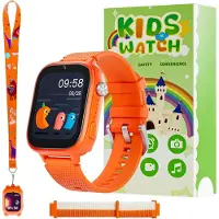Ele eleoption montre intelligente pour enfants 4G avec GPS, téléphone et appel vidéo, SOS, appareil photo, messages, podomètre et mode école - Montre pour garçons et filles (Orange)