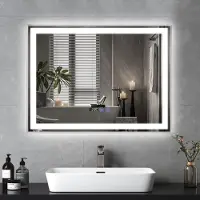 Puluomis miroir de salle de bain 80x60 antibuée avec éclairage 3 couleurs, luminosité variable, miroir de salle de bain avec horloge digitale, température argentée