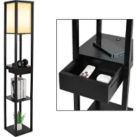 Puluomis Lampadaire à 3 niveaux avec tiroir Lampe de sol 160cm E27 Eclairage intérieur bois noir avec 2 ports USB,avec ampoule 8W