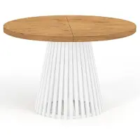 Dekori.Interiors Table de salle à manger ronde pliante, DOVER - style industriel/loft avec pieds à lattes, diamètre : 100 / 150 cm, couleur : chêne lancelot / blanc