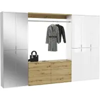 Meublorama Armoire de rangement 10 portes, 4 miroirs, 4 tiroirs et une penderie – Blanc et chêne – BODITE