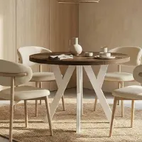 Dekori.Interiors Table ronde à rallonges pour la salle à manger, PERO, style loft, scandinave, diamètre : 90 / 140 cm, couleur : Franklin noyer / blanc
