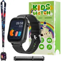 Ele eleoption montre intelligente pour enfants 4G avec GPS, téléphone et appel vidéo, SOS, appareil photo, messages, podomètre et mode école - Montre pour garçons et filles (Noir)