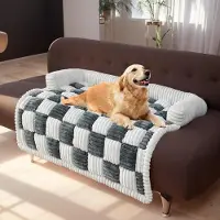 Ele eleoption （90*90cm, bleu ardoise）Lit pour animaux de compagnie à damier en peluche pour chiens et chats - coussin carré moelleux, matelas confortable pour animaux de compagnie pour le repos et la détente
