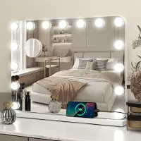 Puluomis miroir de maquillage miroir cosmétique 58x45cm Hollywood miroir gradable avec 15 LED éclairage 3 couleurs, avec USB, 10x, miroir mural blanc, coin rond