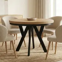Dekori.Interiors Table ronde à rallonge DEKORI pour salle à manger, PERO avec piètement en anneau, style loft, diamètre : 90 / 140 cm, couleur : chêne Craft Golden / noir