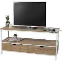 Meublorama Meuble TV style classique avec 2 tiroirs collection PUEBLO – Coloris chêne clair & blanc, dimensions 120x39x57 cm
