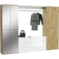 Meublorama Armoire de rangement 8 portes, 4 miroirs, 4 tiroirs et une penderie – Blanc et chêne – BODITE