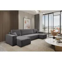 VENASI Canapé d'angle avec fonction convertible, modèle Hugo U, tissu en velours côtelé gris foncé