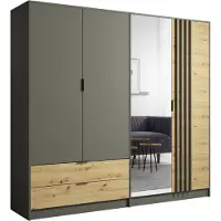 Meublorama Armoire 220cm avec 4 portes et 2 tiroirs coloris gris graphite et chêne. Collection IZO