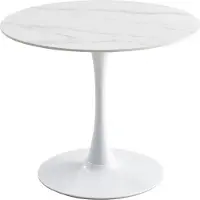 CasaDolce Table de salle à manger INTERLA 1, blanc, 90x75 cm, motif en marbre, pierre frittée, pied colonne en métal