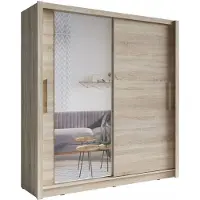 Meublorama Armoire 2 portes coulissantes avec miroir 155 cm - chêne clair - Collection OZZULA
