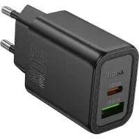 Hoco Chargeur 20W GaN USB-C + USB-A Alimentation | Chargeur rapide PD QC 3.0 | Chargeur de téléphone portable noir pour iPhone & Samsung Smartphone Adaptateur de charge