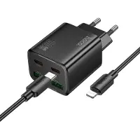 Hoco Chargeur 30W USB-C + USB-A Alimentation | Chargeur rapide PD QC 3.0 | Chargeur de téléphone portable noir pour iPhone & Samsung Smartphone Adaptateur de charge y compris câble de charge Lightning