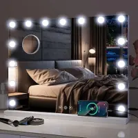 Puluomis Miroir de maquillage Hollywood, 15 LED, 58x45 cm, 3 couleurs, réglage de l'intensité lumineuse, miroir de maquillage éclairé, USB, Type-C, grossissement 10x, miroir mural blanc