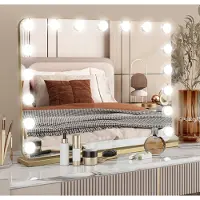 Puluomis miroir de maquillage miroir cosmétique 80x60cm Hollywood miroir gradable avec 18 LED éclairage 3 couleurs, 10 tailles, miroir mural doré, coin rond