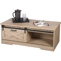 Meublorama Table basse style rustique collection WAYNE - 1 porte coulissante et une niche, dimensions 117x59x45 cm