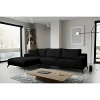 VENASI Canapé-lit Aspen, modèle Ecksofa, avec coffre de rangement pour literie, revêtement en tissu Cord, couleur noire, avec ottoman (repose-pieds) à gauche