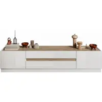 Meublorama Meuble TV 205cm collection FANZY. Coloris blanc laqué et chêne clair, idéal dans un salon design