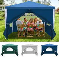 Vigevee Pavillon de jardin 3 x 3 m avec 4 parois latérales, tente portable imperméable avec tiges en spirale, bleu