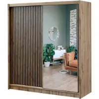 Bettso NEVADA : Armoire coulissante avec miroir, 203 cm, finition chêne Wotan et noir