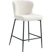 Meublorama Chaise de comptoir LISE – Tissu bouclé coloris blanc écru – Pieds en métal noir – Style design/industriel