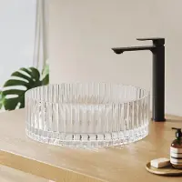 Emke Vasque à poser ronde 400x400x120mm en verre trempé transparent électrodéposé, sans trou pour robinetterie & trop-plein, Design moderne