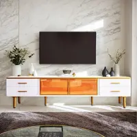 Ele eleoption Meuble TV haute capacité aspect marbre Meuble TV Lowboard Support TV LED avec 4 tiroirs structurés Poignées dorées et deux portes marron en verre trempé pour le salon