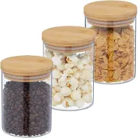 Relaxdays Bocaux de conservation avec couvercle en bambou, lot de 3, bocaux ronds en verre, 650 ml, hermétiques, transparents/naturels