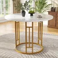 UnboxG Table ronde 80x80x76cm Dorée - Pour 4 pers., pieds métal élégants, plateau MDF/marbre, salle à manger/salon