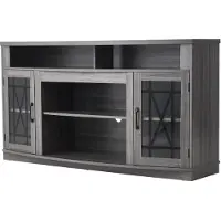SucceBuy Meuble TV pour téléviseurs jusqu'à 65 pouces, table avec bande lumineuse LED, meuble TV en bois avec portes vitrées et étagères réglables, console pour salon et chambre à coucher, gris
