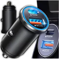 Krumad Chargeur voiture USB-C PD 30 W + USB-A QC 3.0, chargeur rapide double port 52,5 W pour smartphone et tablette, allume-cigare 12 V