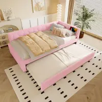 MODFU Lit Gigogne Capitonné 90x200 cm - Lit Multifonction avec Tiroir, Lampe Intégrée et Ports USB Type-C - Sans Matelas - Imitation Laine Rose
