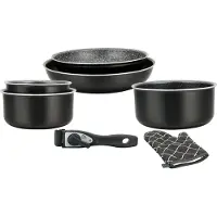 Herzberg Batterie de cuisine revêtement pierre avec manche amovible 7 pièces noir HG8053-BLK