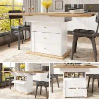 SUCCESS COURIER Table à rallonges (110–140 cm) blanche, table de cuisine télescopique moderne avec placard de rangement, table à manger peu encombrante pour 4 à 6 personnes, système de fermeture en douceur