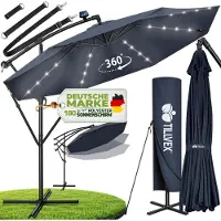 Tillvex Alu Parasol bleu LED solaire Ø 300 cm avec manivelle | Parasol avec interrupteur on/off | Parasol de jardin protection UV aluminium | Parasol à manivelle avec support Parasol de marché étanche