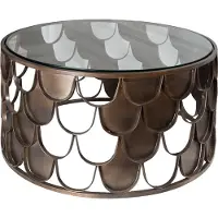Invicta riess-ambiente Table basse ronde ABSTRACT 60 cm, laiton vieilli, métal et verre, style industriel, motif en écailles de poisson, table d'appoint