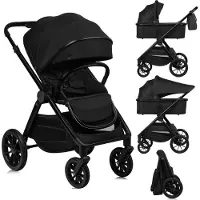 Lionelo Poussette 2 en 1 Layla avec nacelle et poussette canne jusqu'à 22 kg, nacelle jusqu'à 9 kg, roues enPolyuréthanepivotantes à 360°, capote XXL - Noir