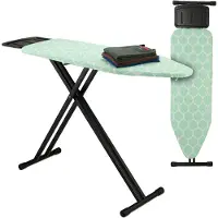 Relaxdays Table à repasser pour fer à vapeur, 123 x 39 cm, réglable en hauteur, pliable, avec tablette, table de repassage, vert/noir