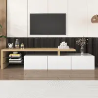 MODFU Meuble TV 197,5x39x42 cm - 3 portes en verre et LED - Blanc